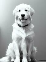 Happy Golden Retriever Dog Black and White Monochrome Photo in Studio Lighting