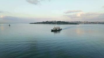 Aerial drone ferryboat traveling Bosphorus Istanbul photo