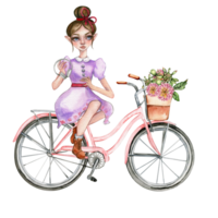 Composition of a small girl sitting on a bicycle. Fashionable child. png