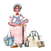 Composition of a small girl sitting on a travelling case. Fashionable child. Stylish sketch. png