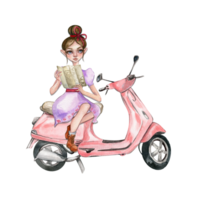 composición de un pequeño niña sentado en un scooter. de moda niño. elegante bosquejo. png
