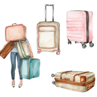 Watercolor fashion travelling young woman and travelling cases. png