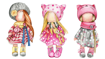 Watercolor hand drawn doll Tilda in dress set. png