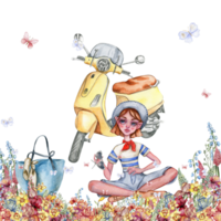 Composition of a small girl sitting in flowers with bicycle on the back. png