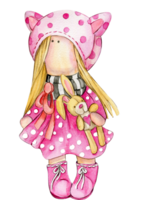 Watercolor hand drawn doll Tilda in dress. png