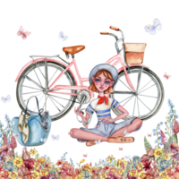 Composition of a small girl sitting in flowers with bicycle on the back. png