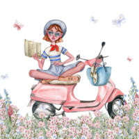 composição do uma pequeno menina sentado dentro flores com bicicleta em a voltar. png