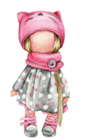 Watercolor hand drawn doll Tilda in dress. png