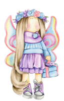 Watercolor hand drawn doll Tilda in dress. png