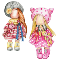 Watercolor hand drawn doll Tilda in dress set. png