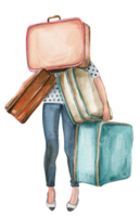 Watercolor fashion travelling young woman and travelling cases. png