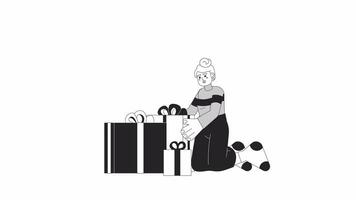 Caucasian lady stacking gifts for Christmas bw 2D character animation. outline cartoon 4K video, alpha channel. European woman putting together giftboxes animated person isolated on white background video