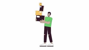 Startled man carrying stacked boxes line cartoon animation. Moving stress 4K video motion graphic. Troubled indian guy holding cardboard 2D linear animated character isolated on white background