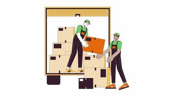 Professional movers line cartoon animation. Multicultural male shippers loading moving truck 4K video motion graphic. Couriers carrying box 2D linear animated characters isolated on white background