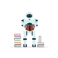 a robot reading a book on a stack of books png