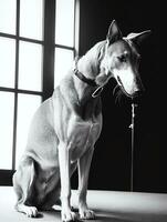 Happy Greyhound Dog Black and White Monochrome Photo in Studio Lighting