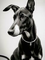 Happy Greyhound Dog Black and White Monochrome Photo in Studio Lighting