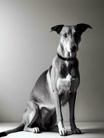 Happy Greyhound Dog Black and White Monochrome Photo in Studio Lighting