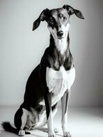 contento galgo perro negro y blanco monocromo foto en estudio Encendiendo