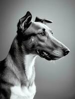 Happy Greyhound Dog Black and White Monochrome Photo in Studio Lighting