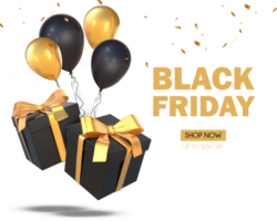 negro viernes rebaja con 3d representación negro y dorado regalos con globos png