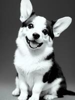 Happy Pembroke Welsh Corgi Dog Black and White Monochrome Photo in Studio Lighting