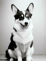 Happy Pembroke Welsh Corgi Dog Black and White Monochrome Photo in Studio Lighting