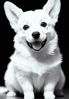 contento pembroke galés corgi perro negro y blanco monocromo foto en estudio Encendiendo