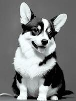 Happy Pembroke Welsh Corgi Dog Black and White Monochrome Photo in Studio Lighting