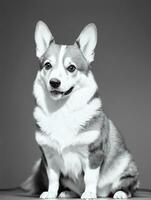 Happy Pembroke Welsh Corgi Dog Black and White Monochrome Photo in Studio Lighting