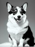 contento pembroke galés corgi perro negro y blanco monocromo foto en estudio Encendiendo