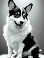 Happy Pembroke Welsh Corgi Dog Black and White Monochrome Photo in Studio Lighting