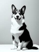 contento pembroke galés corgi perro negro y blanco monocromo foto en estudio Encendiendo