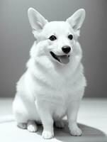 Happy Pembroke Welsh Corgi Dog Black and White Monochrome Photo in Studio Lighting