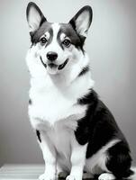 Happy Pembroke Welsh Corgi Dog Black and White Monochrome Photo in Studio Lighting