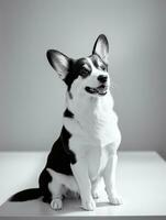 Happy Pembroke Welsh Corgi Dog Black and White Monochrome Photo in Studio Lighting