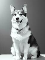 contento pembroke galés corgi perro negro y blanco monocromo foto en estudio Encendiendo