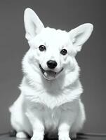 Happy Pembroke Welsh Corgi Dog Black and White Monochrome Photo in Studio Lighting