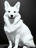 Happy Pembroke Welsh Corgi Dog Black and White Monochrome Photo in Studio Lighting