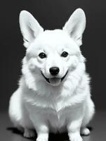 Happy Pembroke Welsh Corgi Dog Black and White Monochrome Photo in Studio Lighting