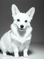 Happy Pembroke Welsh Corgi Dog Black and White Monochrome Photo in Studio Lighting