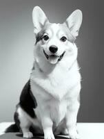 Happy Pembroke Welsh Corgi Dog Black and White Monochrome Photo in Studio Lighting