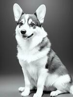 Happy Pembroke Welsh Corgi Dog Black and White Monochrome Photo in Studio Lighting