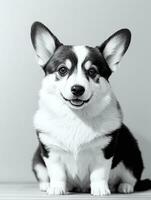 Happy Pembroke Welsh Corgi Dog Black and White Monochrome Photo in Studio Lighting