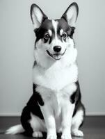 contento pembroke galés corgi perro negro y blanco monocromo foto en estudio Encendiendo