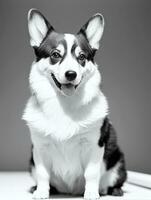 contento pembroke galés corgi perro negro y blanco monocromo foto en estudio Encendiendo