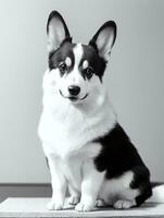 contento pembroke galés corgi perro negro y blanco monocromo foto en estudio Encendiendo