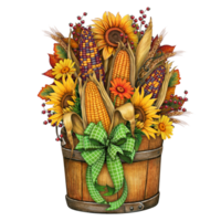 watercolor hand drawn wooden bucket with corn and sunflowers png