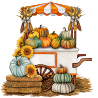 Watercolor pumpkin patch fall themed market cart png