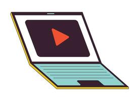 Video player on laptop 2D linear cartoon object. Streaming platform notebook isolated line vector element white background. Live stream app on portable computer color flat spot illustration